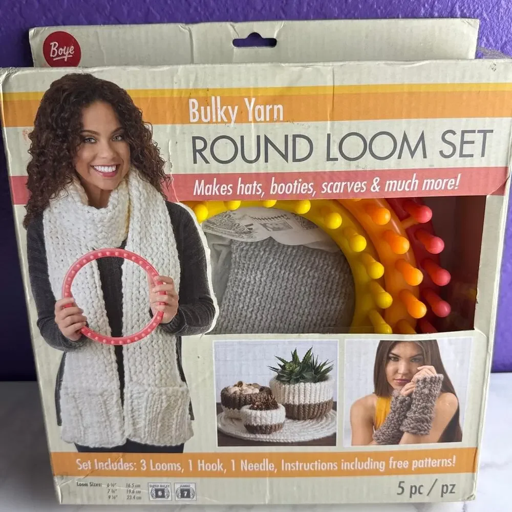 Boye Bulky Yarn Round Loom Set Knitting Kit with Lion Brand Yarn Lot Bundle